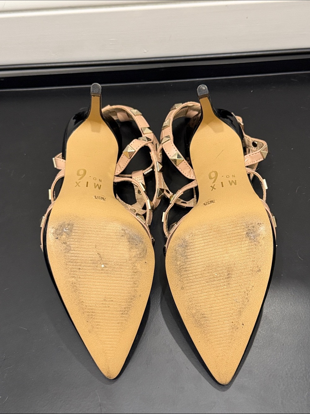 Studded Strappy Pointed-Toe Pumps - Black and Nude - Picture 4 of 4
